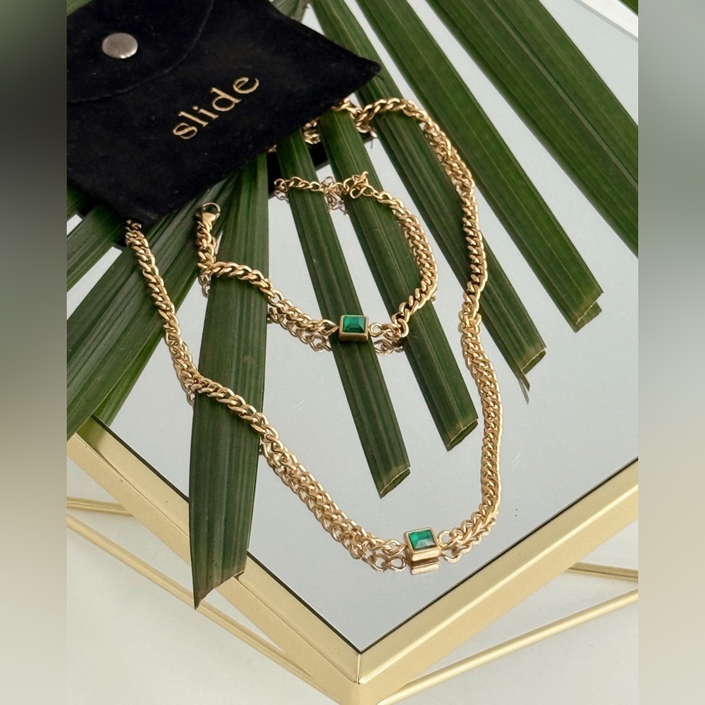 Gold Chain Necklace and Bracelet Set with Green Accents - Picture 2 of 4